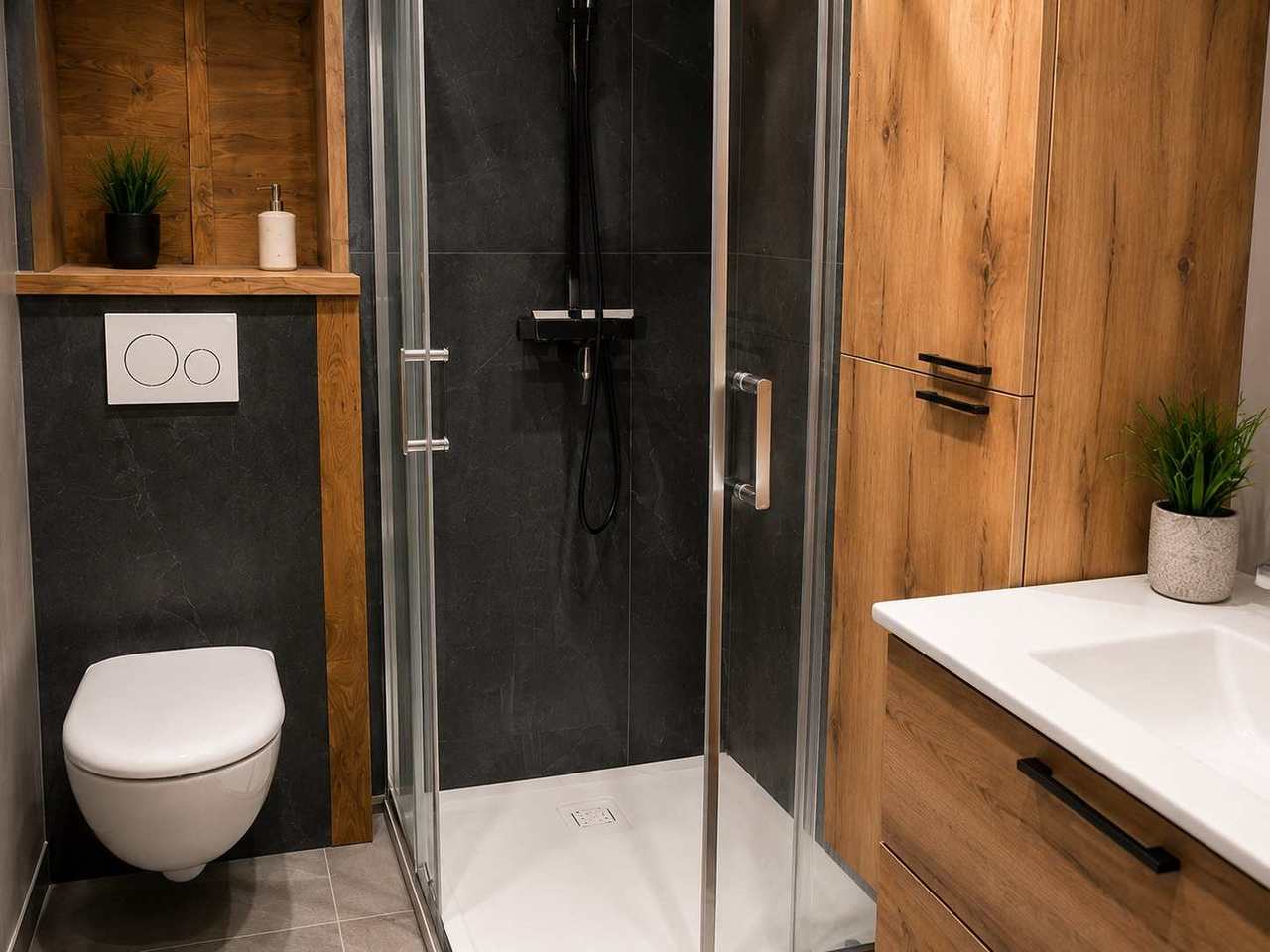 Douche italienne rénovée par Active Plomberie, ambiance gris anthracite